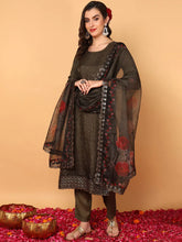 Women Olive Organza Floral Embroidered Straight Kurta Trouser With Dupatta